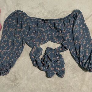 Blue Floral Off-Shoulder Crop Top with Matching Tie